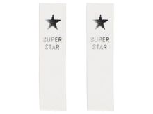 2 Knick-Applikationen / Knick-Label aus ökologischem Kunstleder ca. 15x60mm - Superstar - wollweiß-silberfarben