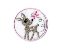 Stick - Applikation zum Aufbügeln ca. 5,0 cm x 5,0 cm - Reh mit Schmetterling - weiß