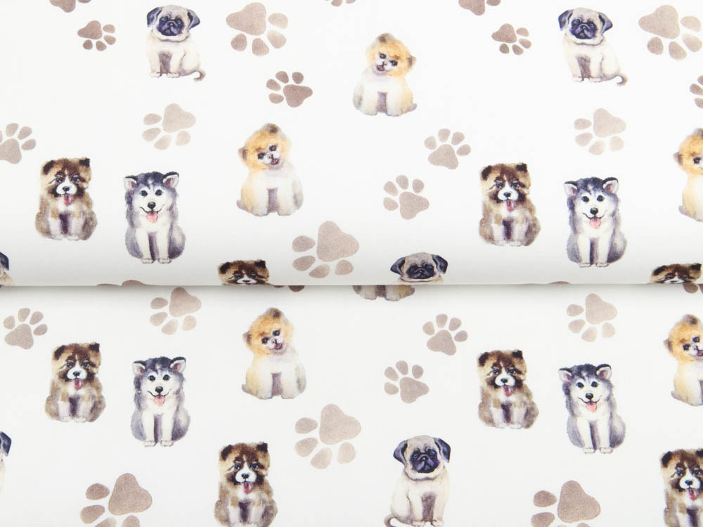 Digitaldruck Baumwoll-Popeline weiß-braun Hunde 150cm 