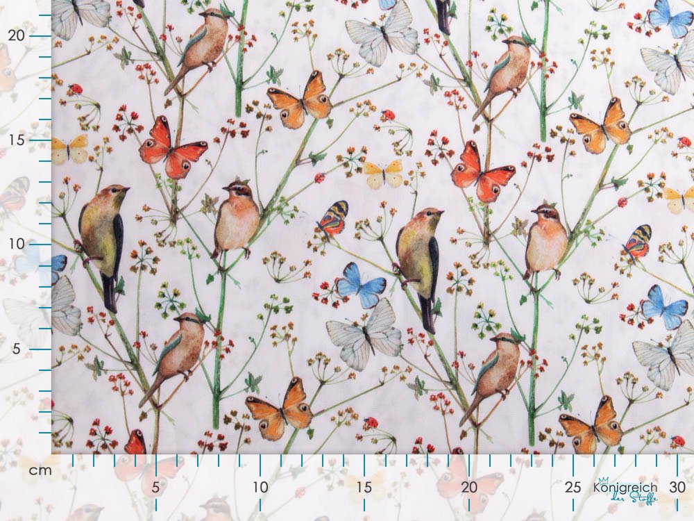 Popeline-Digitaldruck Schmetterlinge und Vögel weiß 150cm 