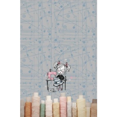 Jersey Digitaldruck Stenzo Sewing PANEL ca. 60 cm x 50 cm - Mädchen mit Nähmaschine - grau