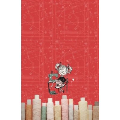 Jersey Digitaldruck Stenzo Sewing PANEL ca. 60 cm x 50 cm - Mädchen mit Nähmaschine - rot