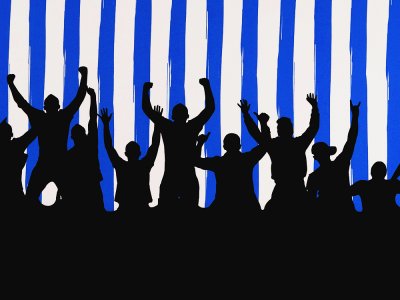 Jersey Bordürenstoff Swafing Fans - Fans auf Streifen - weiß/blau
