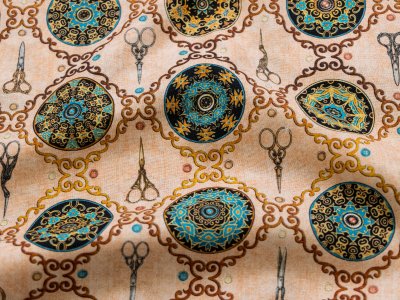 Webware Baumwolle Swafing Sew Lovely by Quilting Treasures - Scheren und Ornamente - pfirsich