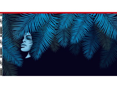 Jersey Swafing Palm Dream by Thorsten Berger PANEL ca. 85 cm x 160 cm - Frau unter Palmen - meeresblau