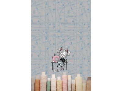 Jersey Digitaldruck Stenzo Sewing PANEL ca. 60 cm x 50 cm - Mädchen mit Nähmaschine - grau