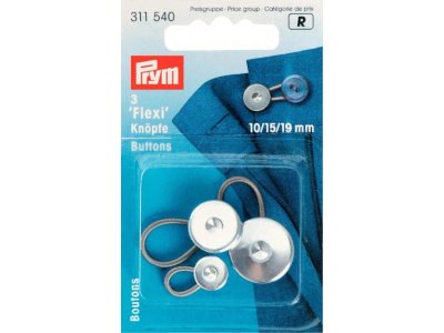 Prym 3 Flexi-Knöpfe mit Schlaufe 10 + 15 + 19 mm - silberfarben
