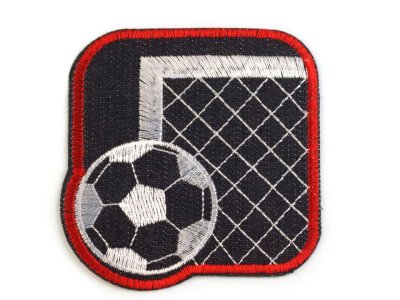 Aufbügler  Jeansoptik ca. 8 x 8 cm - Fußballtor mit  Fußball - schwarz/rot