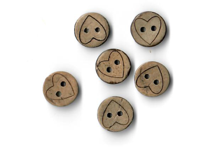 Runder Kokosnuss-Knopf - 6 Stück 13 mm - Herz- holzfarben