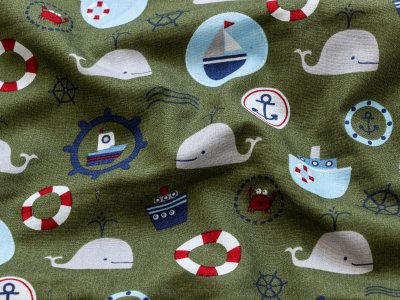 Webware Baumwolle - Wale und Boote - olive