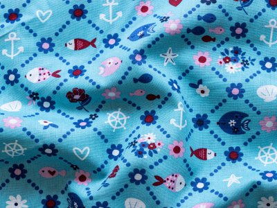 Webware Baumwolle - kleine und große Fische - aqua