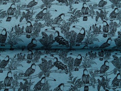 Angerauter Sweat Melange by Poppy - tropische Vögel - meliert jeansblau