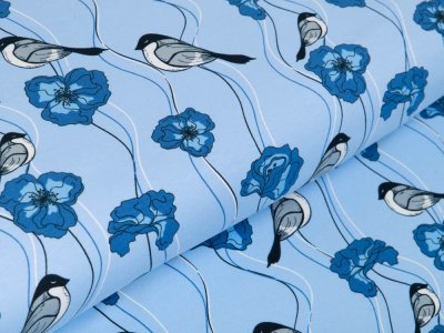 Jersey - Vögel auf Blumen - blau