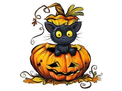 Transfer-Applikation Halloween zum Aufbügeln ca. 23,0 cm x 24,0 cm - Halloween Katze auf Gruselkürbis
