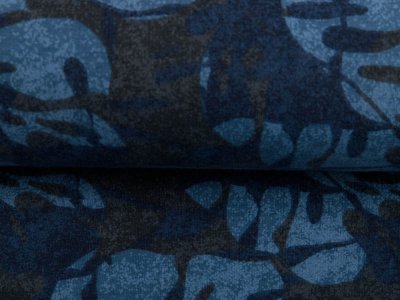 Leicht angerauter Sweat - Blätter auf Camouflage - blau