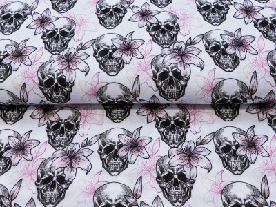 Musselin Baumwolle Double Gauze – Happy Skulls by KATINOH - florale Totenköpfe - weiß