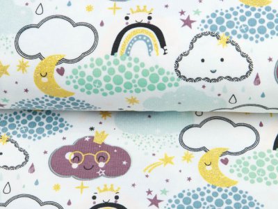 Jersey Cotton mit Foliendruck - lustige Wolken - weiß-mint