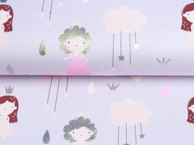 Jersey Cotton mit Foliendruck - kleine Prinzessinnen und Wolken - helles lila
