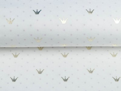 Jersey Cotton mit Foliendruck - Kronen und lila Punkte - weiß