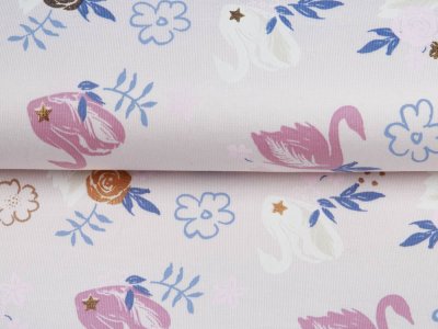 Jersey Cotton mit Foliendruck - elegante Schwäne und Rosen - rosa