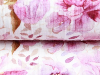  Musselin Baumwolle Double Gauze Digitaldruck - Aquarellblumen - weiß