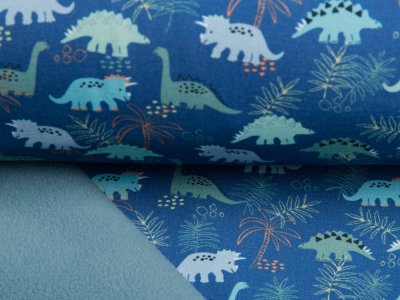 Jackenstoff Softshell - Dinos im Wald - jeansblau