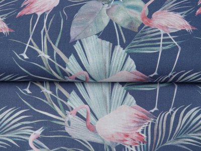 Webware Viskose Digitaldruck - Flamingos und Blätter - jeansblau