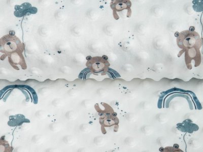 Wellnessfleece Minky mit Noppenprägung - kleine Bären auf Regenbögen - wollweiß