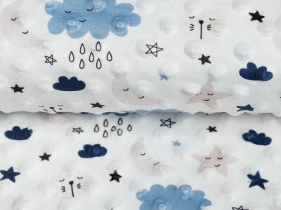 Wellnessfleece Minky mit Noppenprägung - Sonne, Mond und Sterne - wollweiß-blau