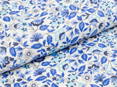 Gewebter Leinenstoff - kleine Blümchen - blau/ grau