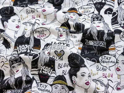 Jacquard Gobelin Dekostoff mit Glitzer - Frauen im Comicstyle - wollweiß