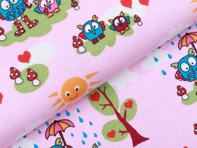 Jersey Eigenproduktion KDS - Eulen mit Schirm im Regen  - pastellrosa