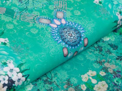 Webware Voile Kaftan für Kinder Digitaldruck Stenzo PANEL ca. 150 x 150 cm - wunderschöne Blumen - grün