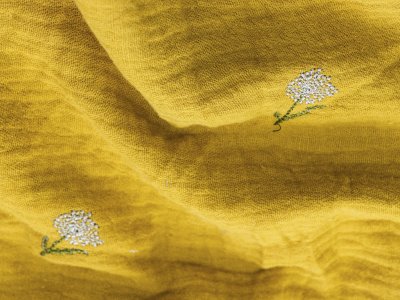 Musselin Baumwolle Double Gauze mit Stickerei - Blumen - ocker