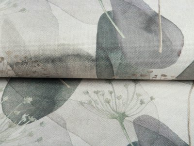 Dekostoff Half-Panama Digitaldruck - Pusteblumen und Blätter - taupe