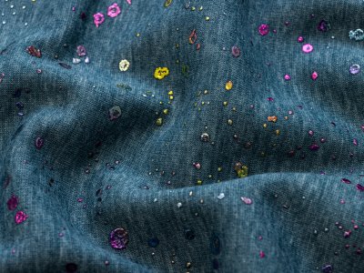Alpenfleece Melange Paint Drops mit Foliendruck - Hologramm Farbspritzer - meliert petrolblau