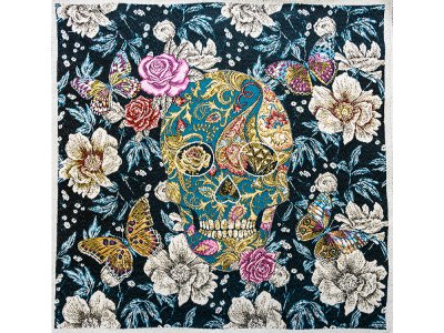 Jacquard Gobelin Dekostoff PANEL ca. 48 cm x 48 cm - Totenkopf und Schmetterlinge - schwarz