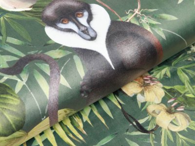 Velvet Digitaldruck- Affen und Schmetterlinge auf Blumen - waldgrün