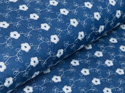 Leichter Jeansstoff mit Stickerei Embroidery - Blumen - denim blau