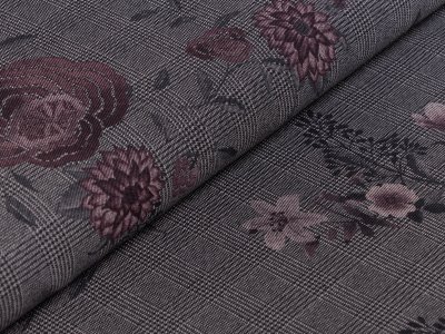 Elastischer Jeansstoff bedruckt - Blüten auf Hahnentrittmuster - schwarz