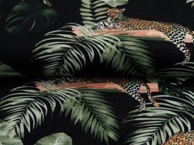Jersey Digitaldruck - Palmenblätter und Leoparden - schwarz