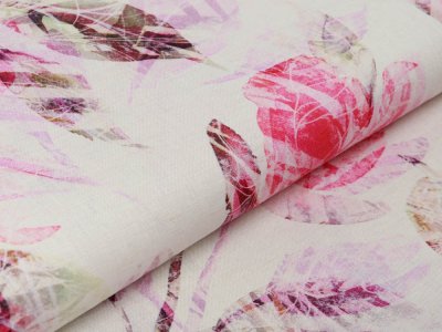 Leinen gewebt - Blätter und Blüten - beige/pink