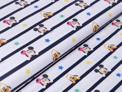 Webware Baumwolle Digitaldruck Disney Mickey Mouse - Mickey und Freunde auf Streifen - weiß