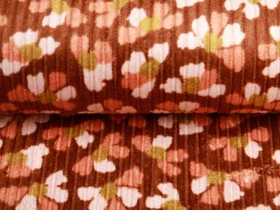 Cordstoff by Poppy ca. 4 mm Rippen FLOWERS - Ginkgoblätter - cognac