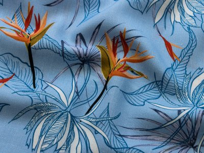 Viskose Leinen Swafing Lizzy - Exotische Blüten - himmelblau