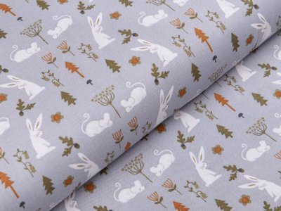 Webware Baumwolle Patchwork - Hasen und Mäuse - grau 