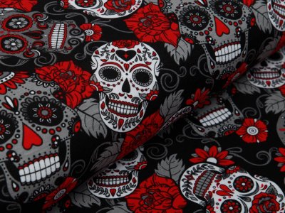 Jersey - Totenköpfe und Blüten - schwarz/rot