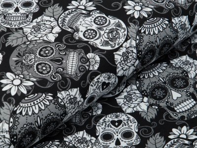 Jersey - Totenköpfe und Blüten - schwarz/weiß