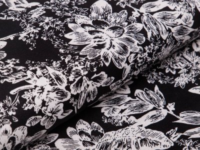 Leinen Viskose - Blumen - schwarz