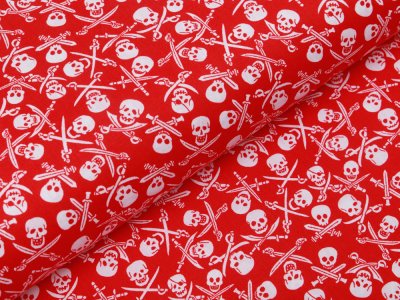 Webware Baumwolle Popeline - Totenköpfe und Säbel - rot